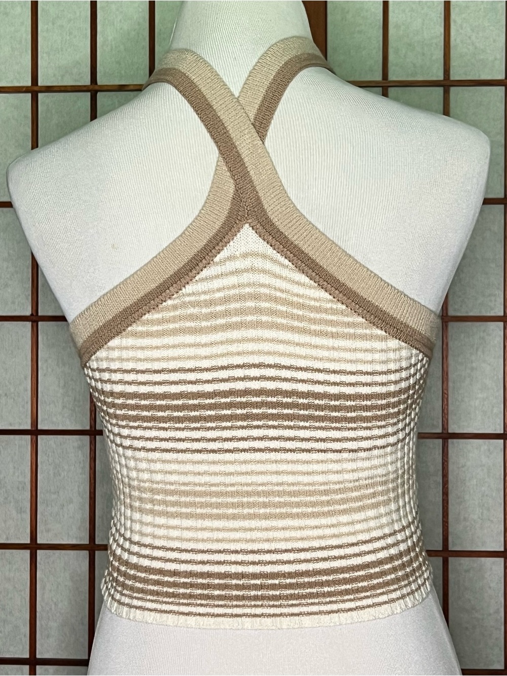 Sincerely Jules Beige and Cream Striped Halter Crop Top - Picture 3 of 5